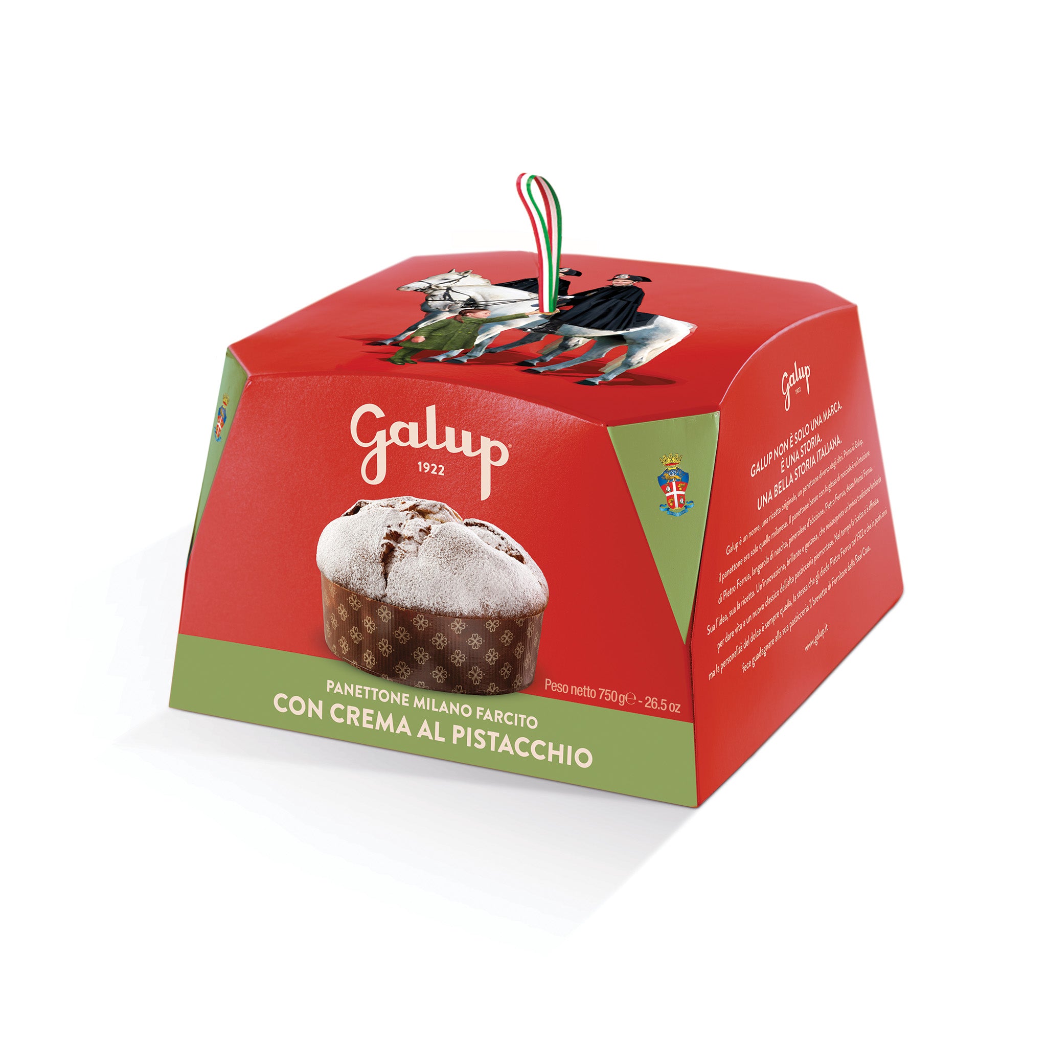 Panettone con Gocce di Cioccolato fondente, farcito con crema di Pistacchio 900g - Carabinieri - Preordina