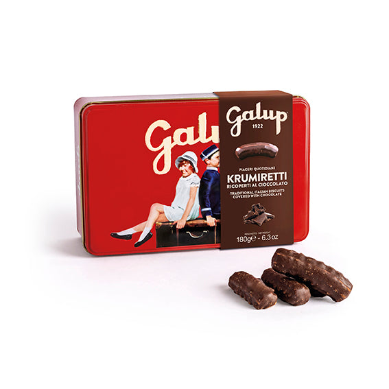 Krumiretti biscuits covered in dark chocolate in a 180g tin 